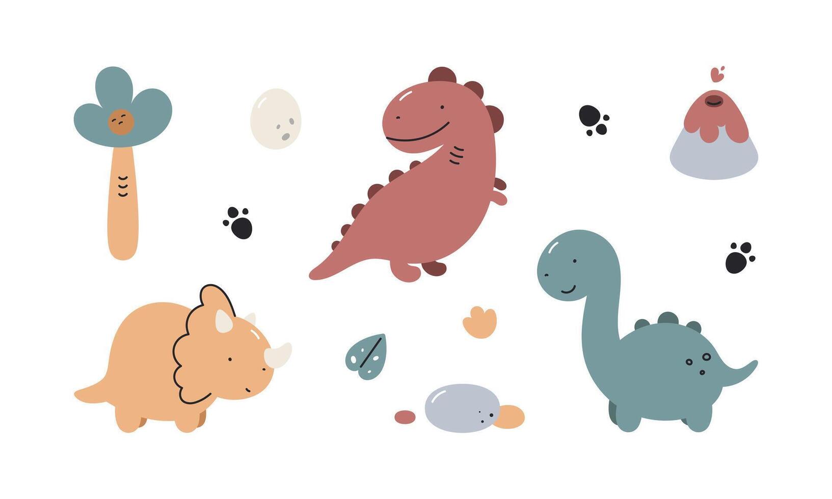 Set with cute dinosaurs. Triceratops, T-rex, Diplodocus. For kids design, fabric, wrapping, cards, textile, wallpaper, apparel. Isolated cartoon illustration in flat style on white background. vector