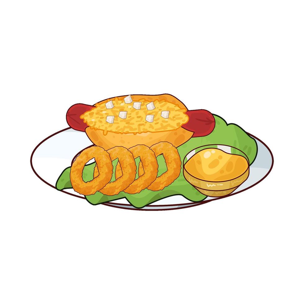 illustration of melted cheese hotdog with onion rings vector
