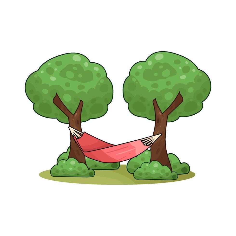 hammock hanging on 2 green trees vector