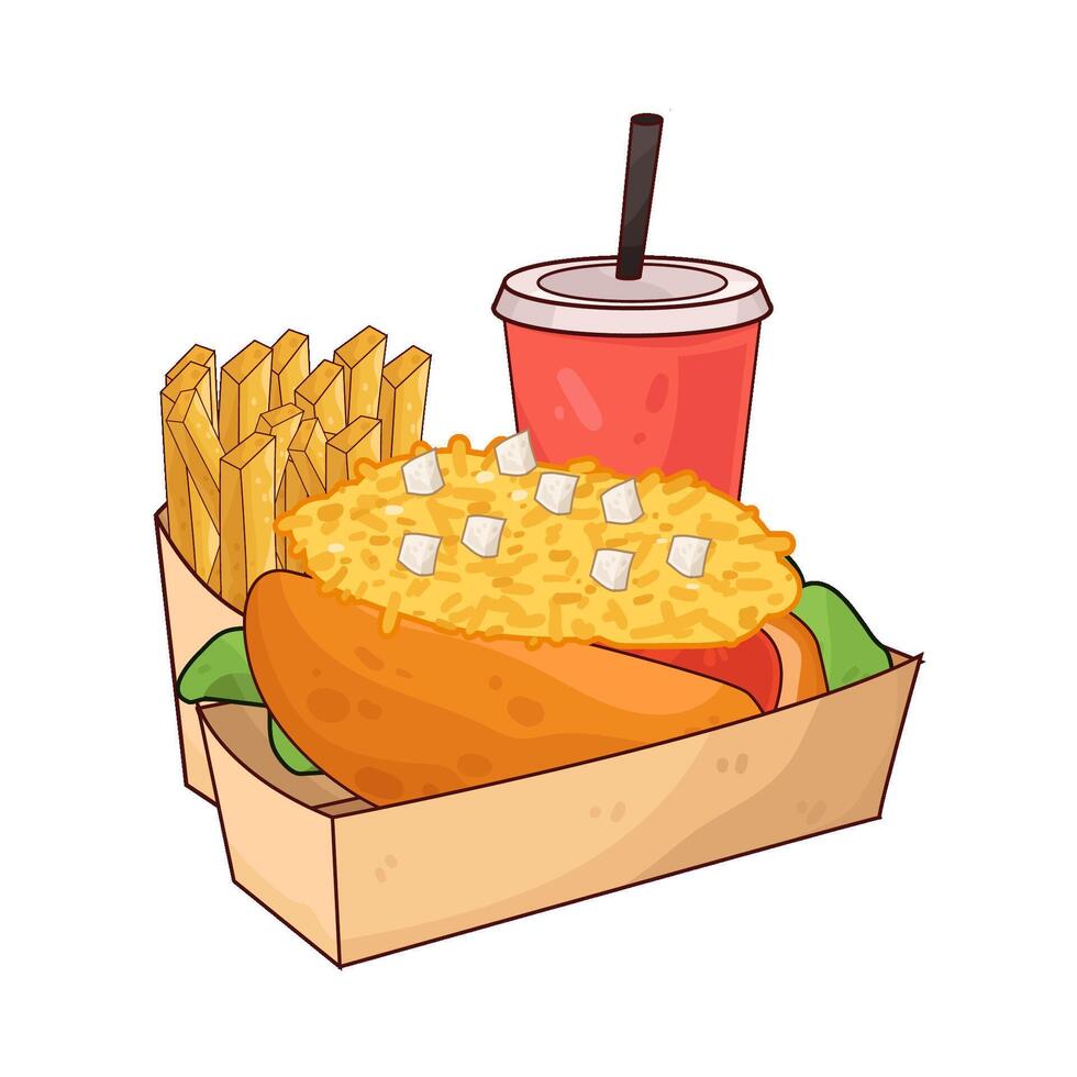 The Delight of Melted Cheese Hotdog with French fries vector