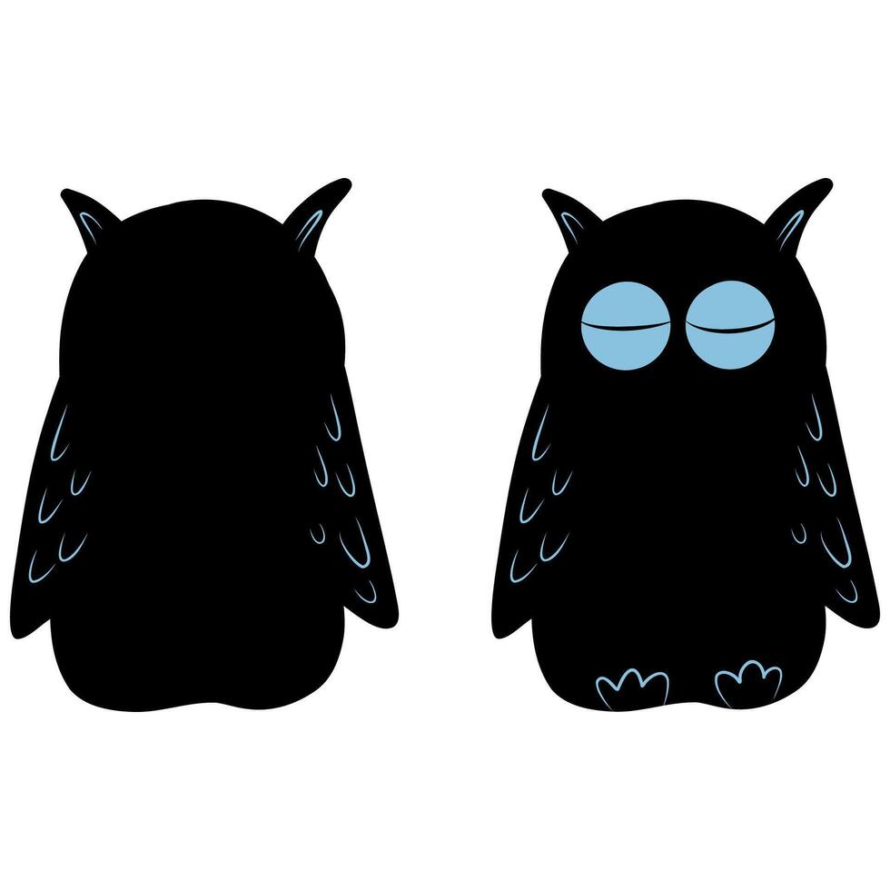 Owl back and front view illustration, black owl, owl with closed eyes vector