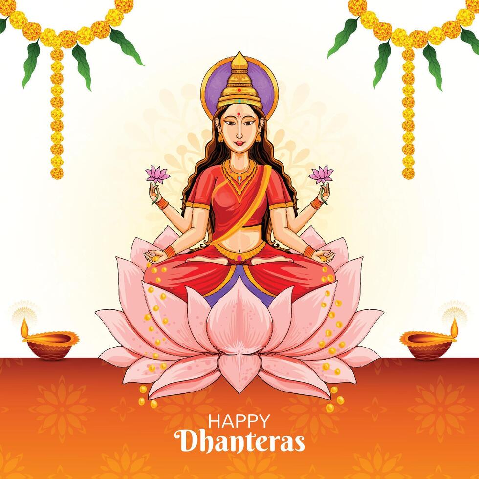 Illustration of happy dhanteras gold coin in pot with maa lakshmi celebration background vector