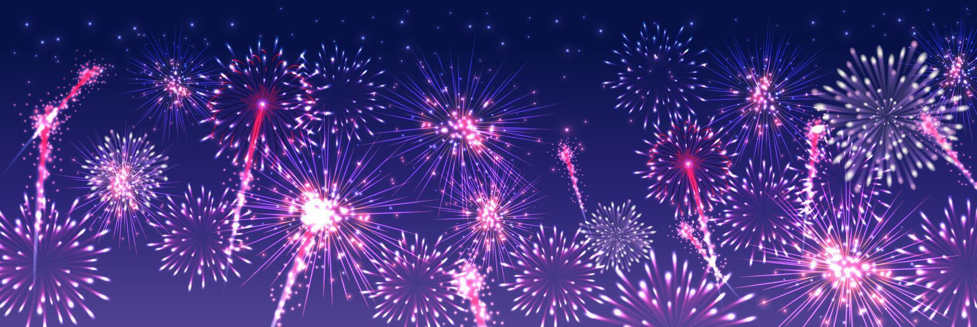 Night fireworks display captivates with vivid colors, explosive bursts, creating atmosphere vector