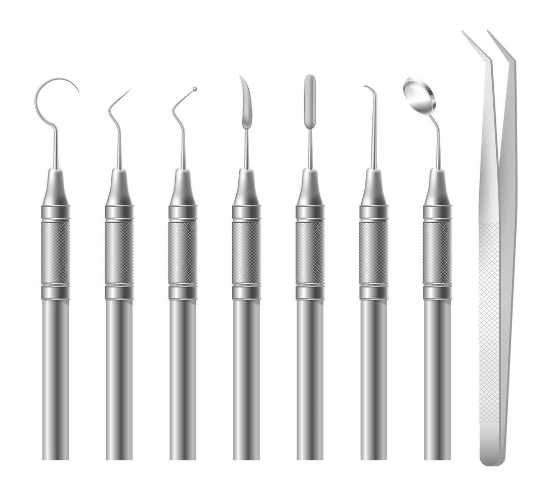 Dentist surgery tools. Dental surgical steel tools, stomatology orthodontic accessories or surgeon teeth operation equipment tweezers pincers, dentistry swanky illustration authors graphics vector