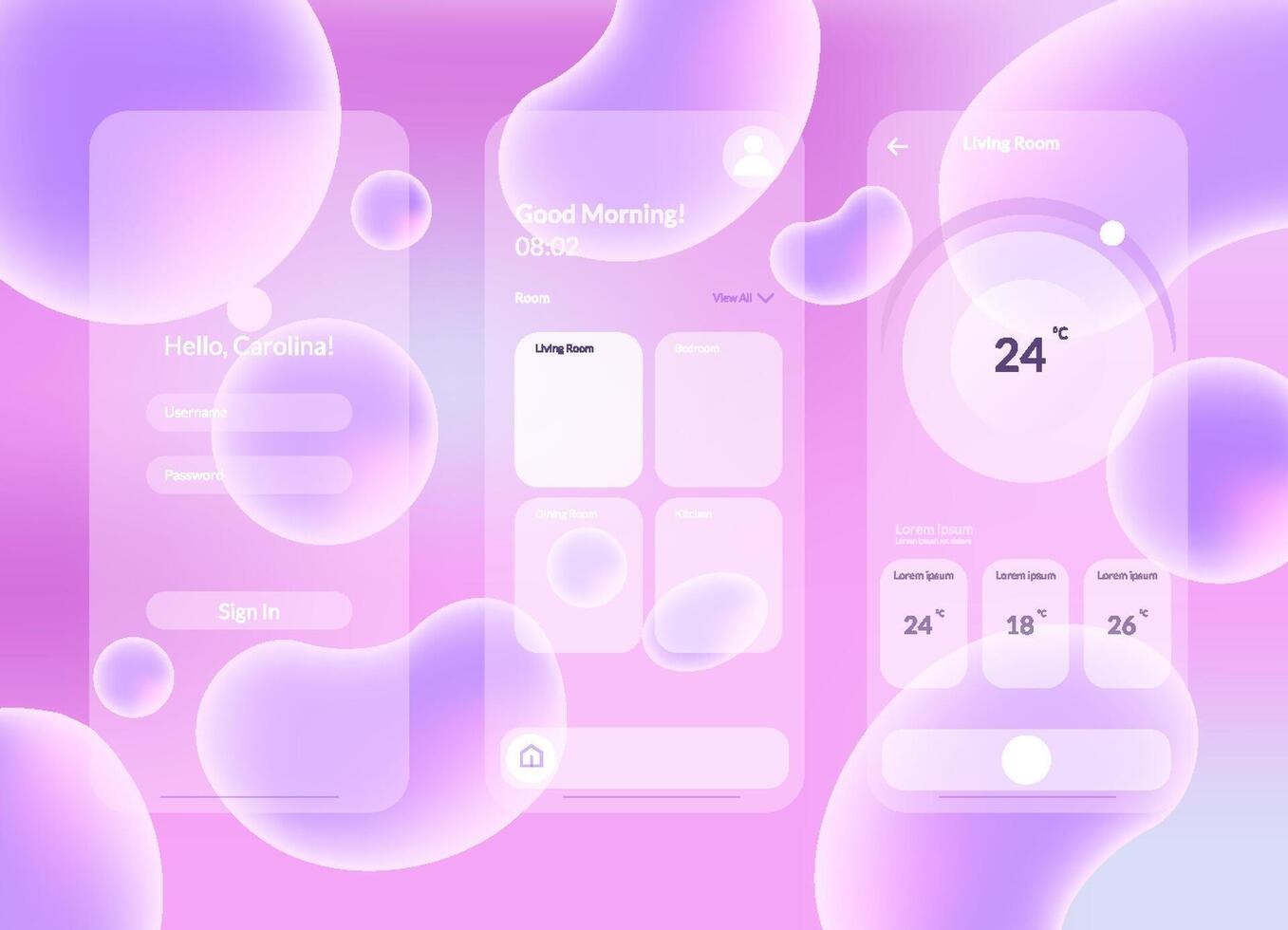 Futuristic transparent app UI with purple gradient and bubbles for a visually appealing user experience vector
