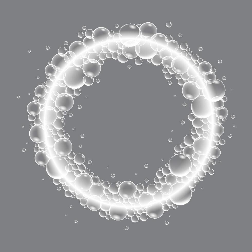 Soap bubbles, displaying unique designs, gracefully float on a plain gray surface vector