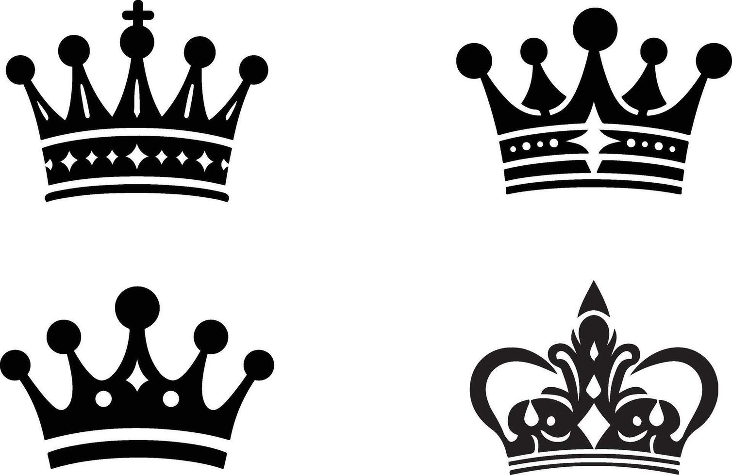 Majestic Royal King and Queen Crown Silhouette Icon Set on White for Elegant Designs vector