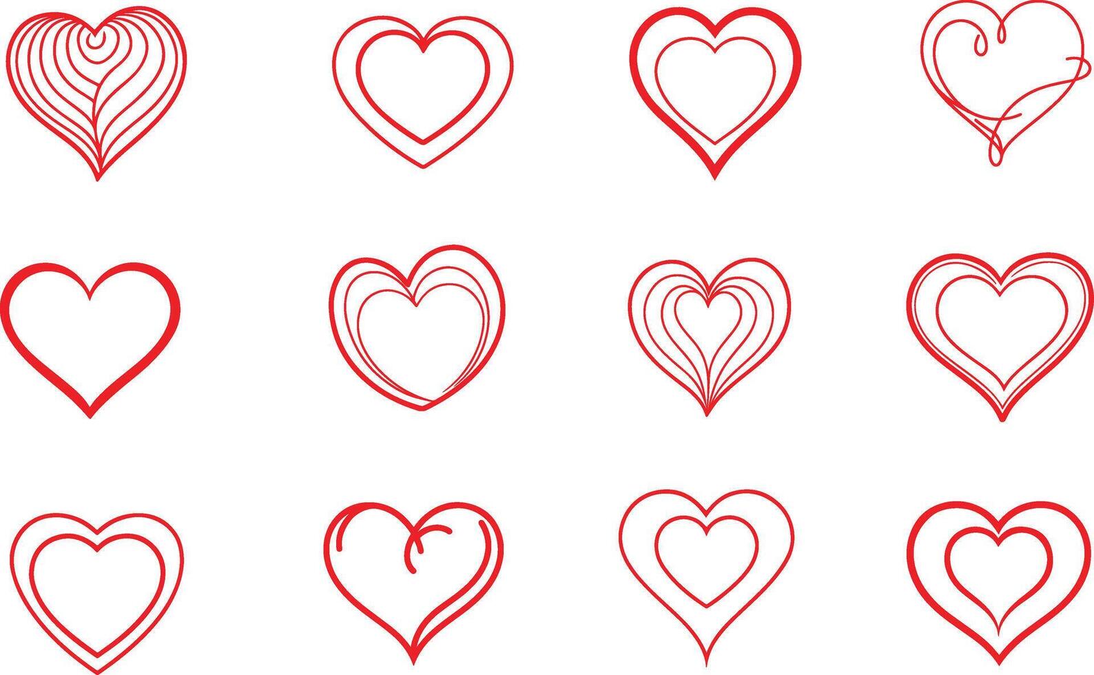 Heart Shapes Line Art and Love Icon Outline Art in Simple Red on White Background vector