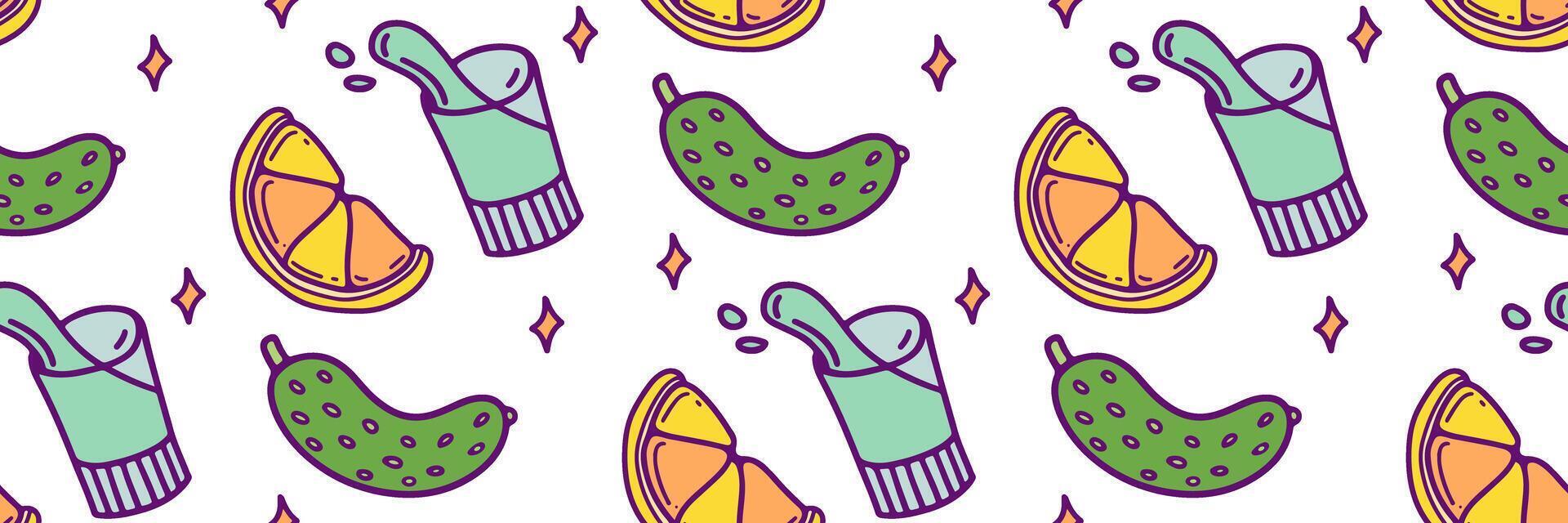 Vodka, lemon and cucumber seamless pattern. Background with strong alcoholic drink and fresh snack. Suitable for bar, menu. For market, textile wallpaper, brand. Outline trendy illustration. vector