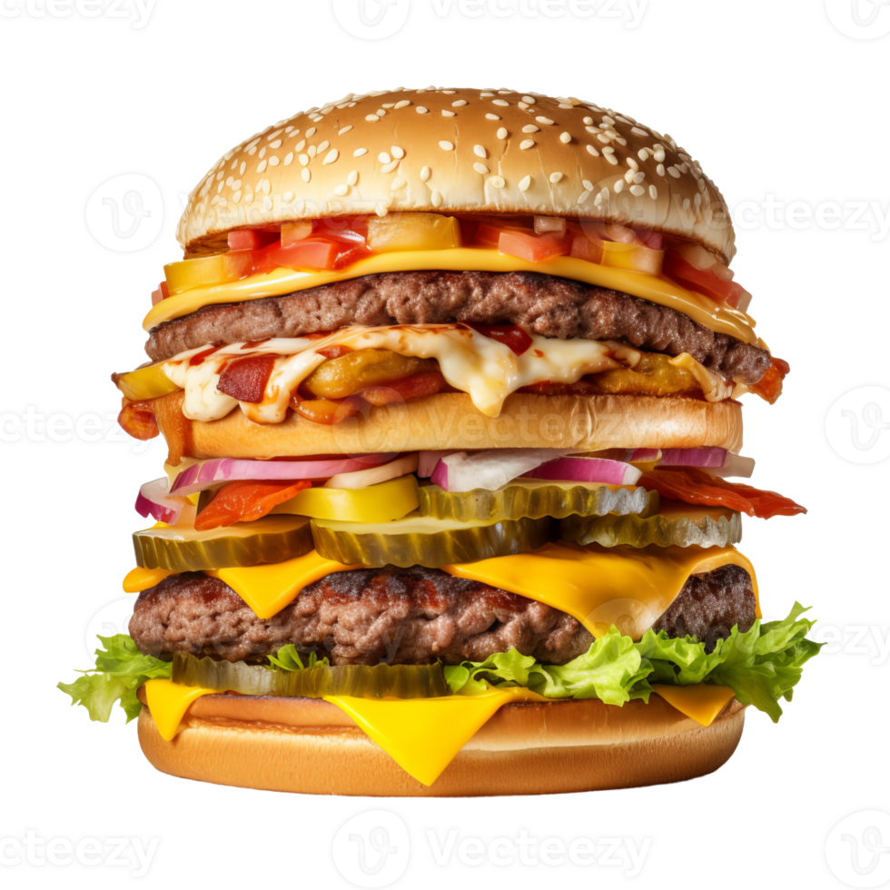 a large hamburger with lettuce, tomato, cheese and pickles png