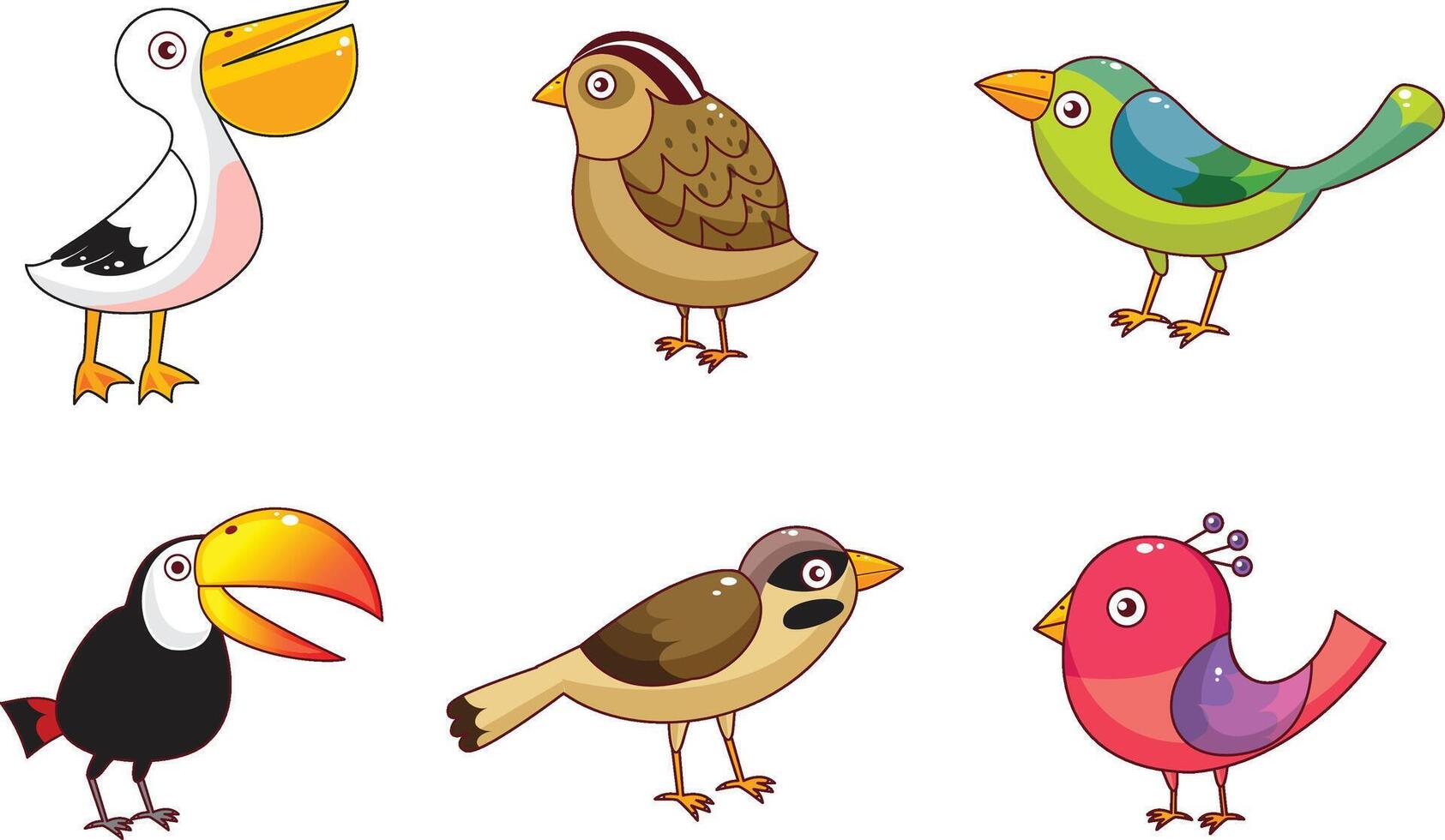 Set of Cute Cartoon Style Colorful Birds illustration on white Background. vector