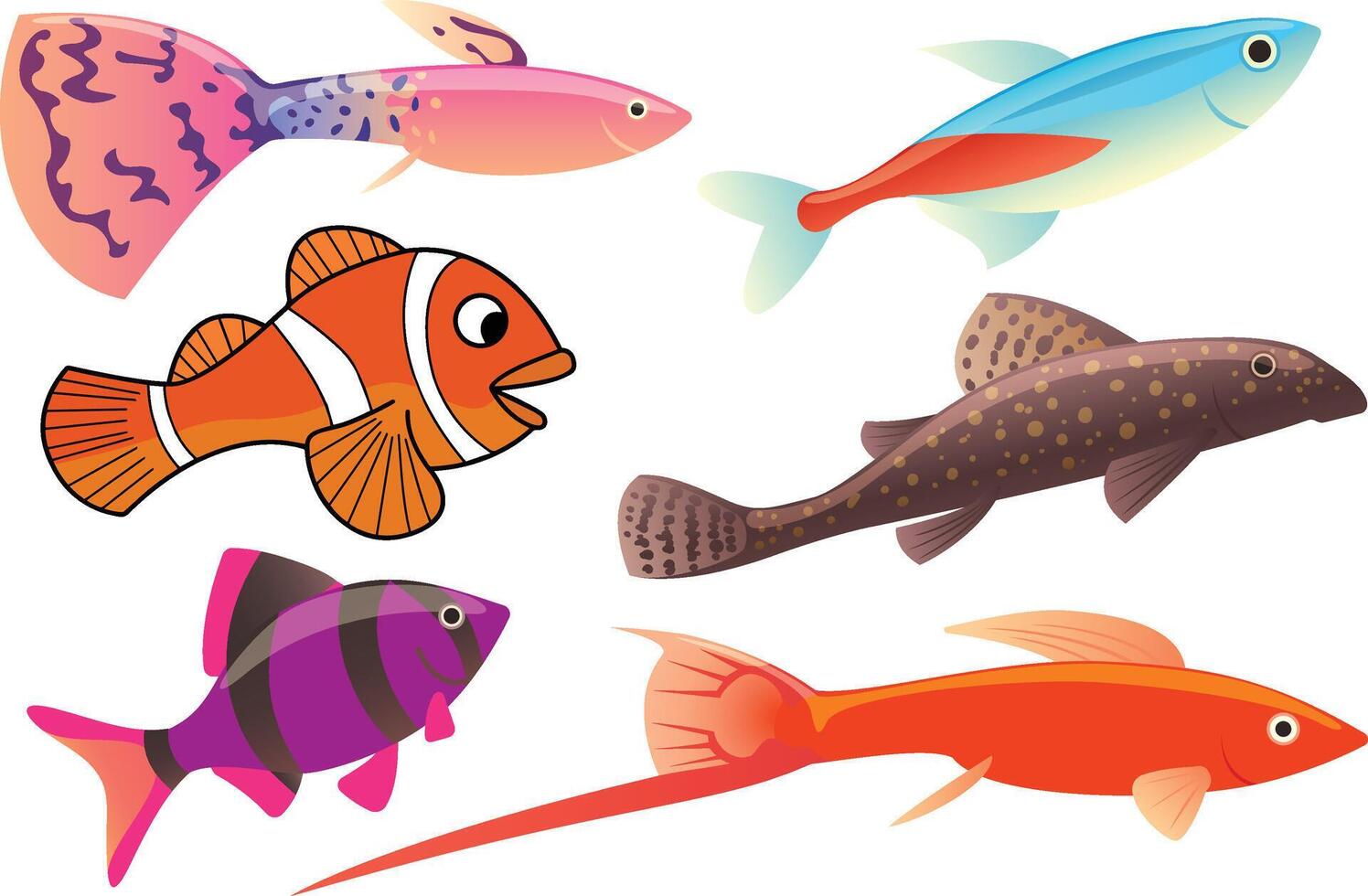 Set of Colorful Tropical Underwater Fishes illustration on a white Background. vector