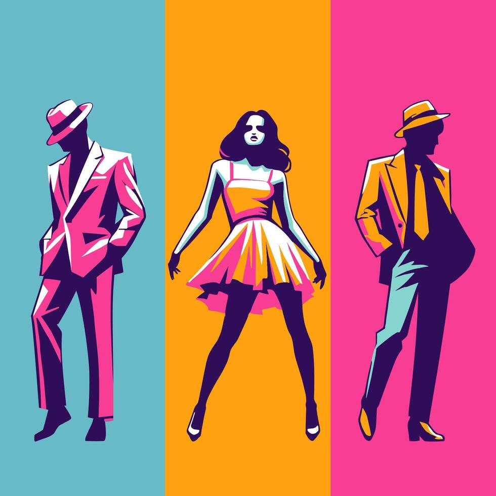 Colorful, retro, male and female night club figures. vector