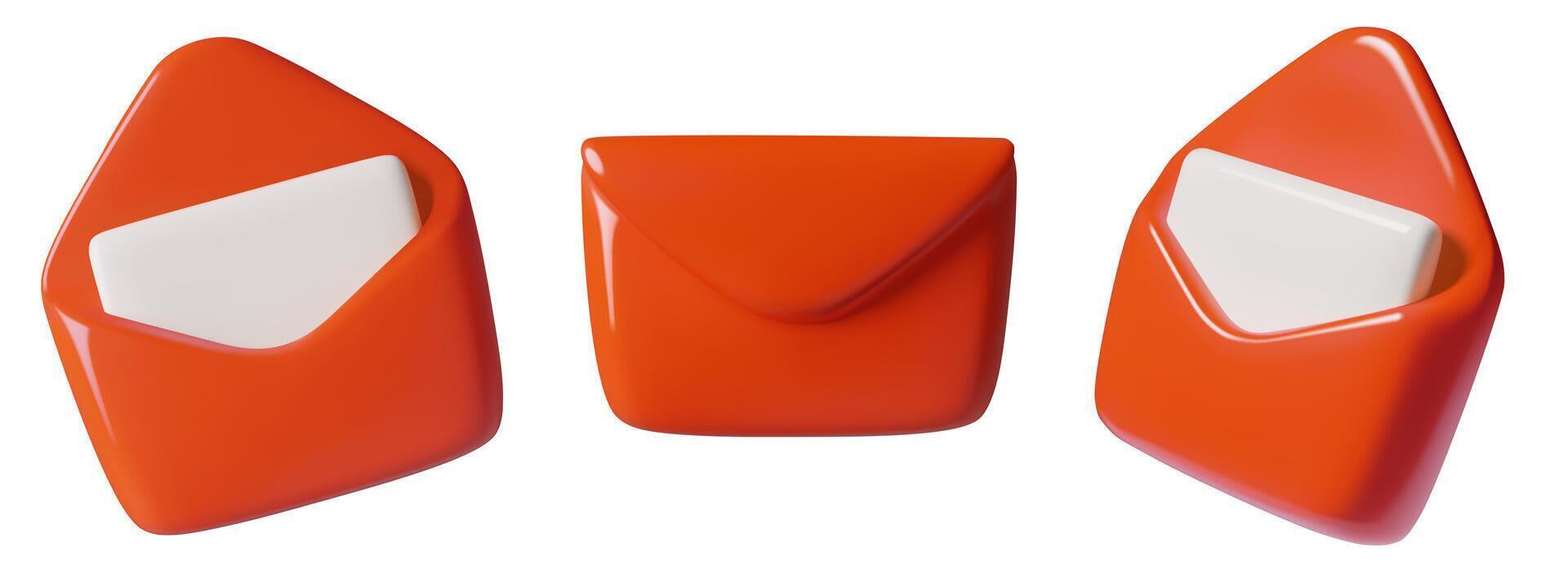 Red envelopes with mail minimal 3d icons set opened and closed letters with blank paper sheets vector