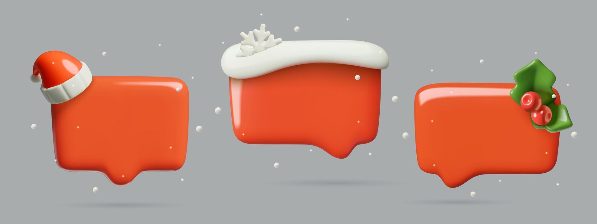Red speech bubbles 3d set with Christmas holiday decorations Santa hat snow and holly berry vector