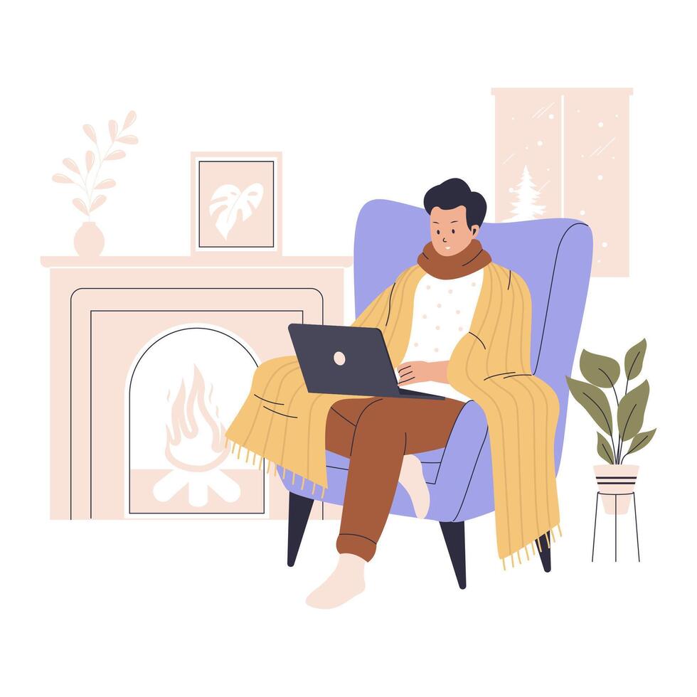 Man work in winter at home warming with blanket vector