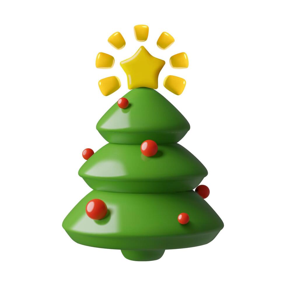 3d minimal Christmas and New Year pine tree icon with shining star and red holiday decorations vector