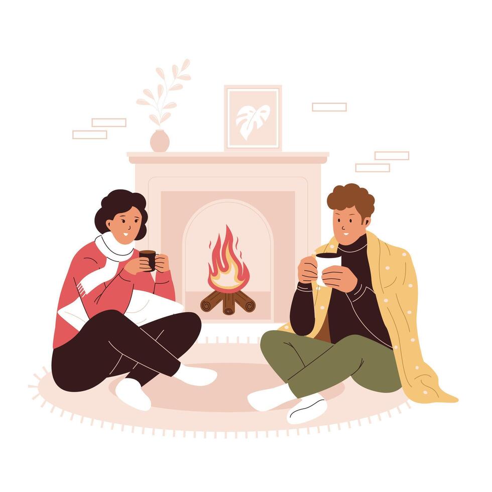 Cozy and warm man and woman drinking coffee at home vector