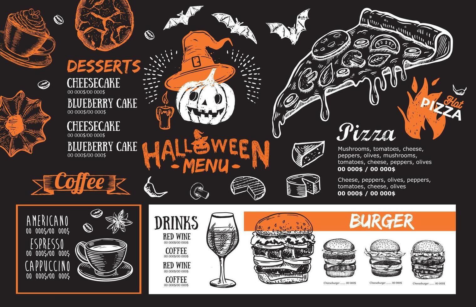 Halloween menu, Restaurant cafe menu on black, hand drawn illustrations. vector