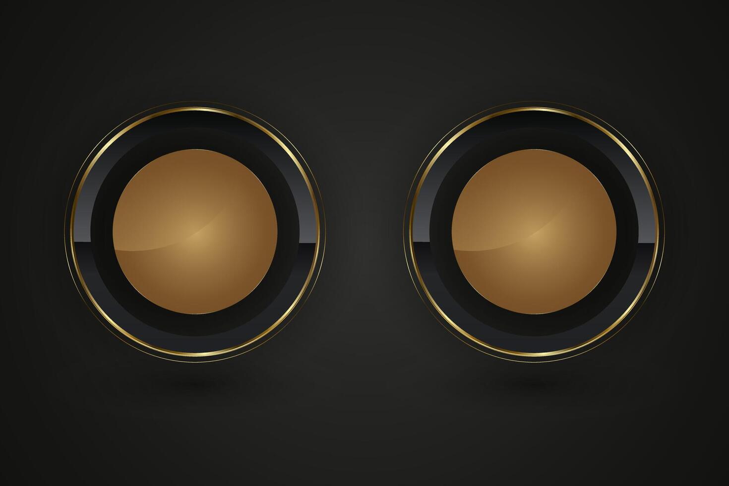 Set of two Luxury Black circle buttons with golden frame illustration. 3d glossy elegant design for empty label, emblem, medal or badge, shiny and gradient light vector