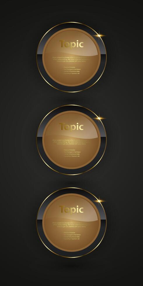 Set of 3 Luxury Black circle buttons with golden frame illustration, Three sleeks, modern graphic design with a focus on a circular, glassy sphere in the center. vector