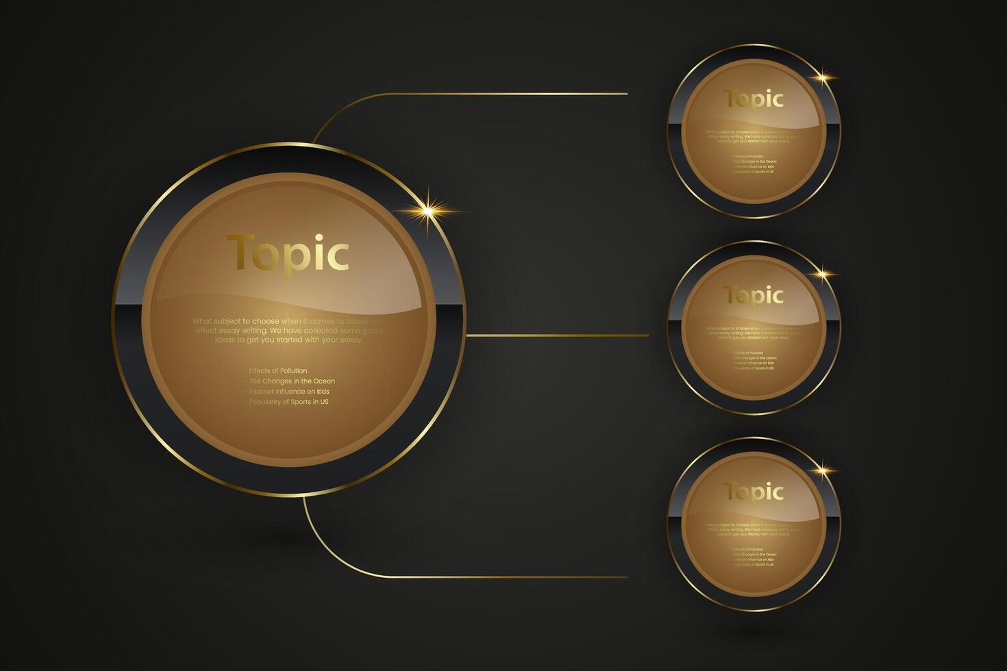 A Luxury Black circle button with golden frame illustration, Web button set elegant black gold style 3d isolated with blank space for text charts vector