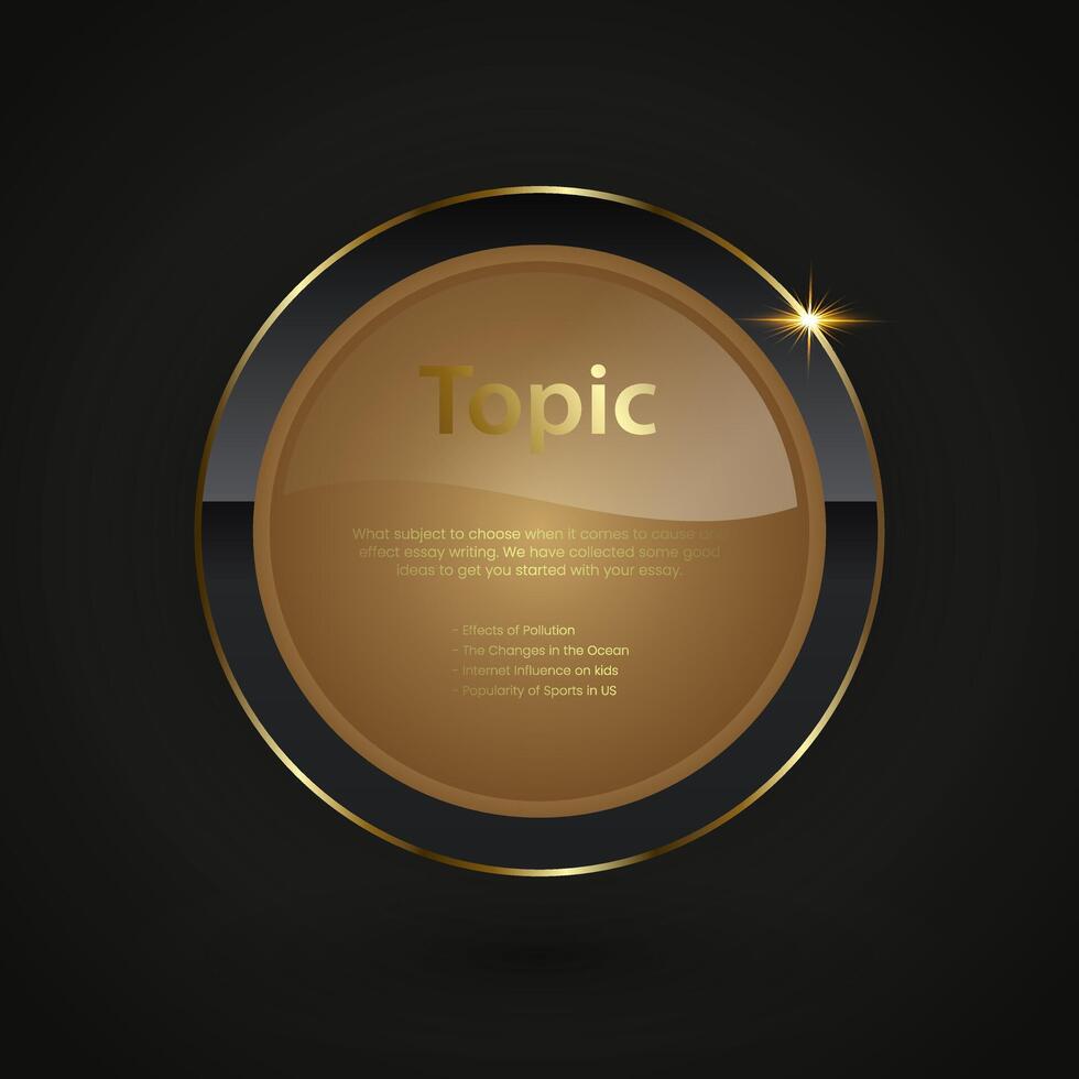 A Luxury Black circle button with golden frame illustration, a sleek, modern graphic design with a focus on a circular, glassy sphere in the center vector