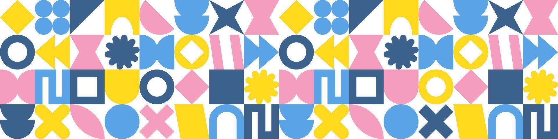 abstract geometric shape seamless pattern. Brutalism shapes on white background. Y2k simple minimalist geometric long horizontal poster. Abstract forms in retro style. Wrapping design. vector