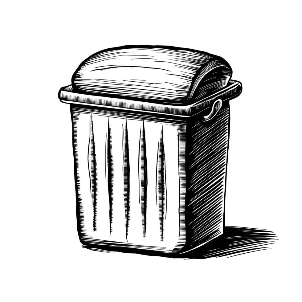A black and white drawing of a trash can vector