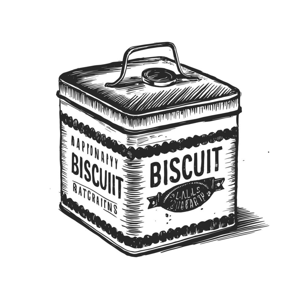 biscuit tin engraved style ink sketch drawing black and white illustration vector