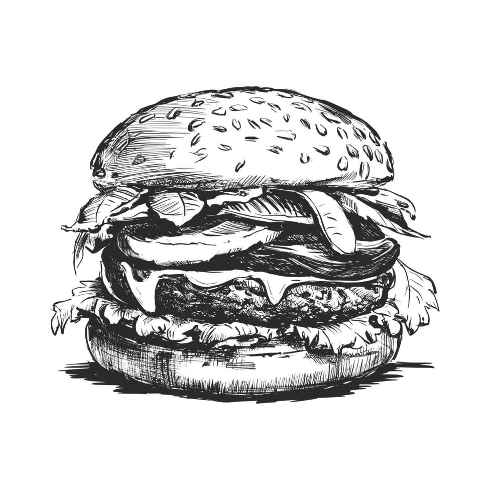 A black and white drawing of a hamburger vector