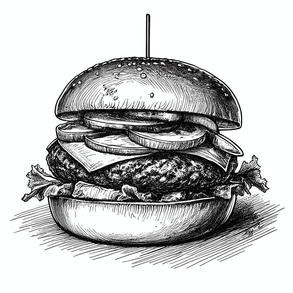 A black and white drawing of a hamburger vector