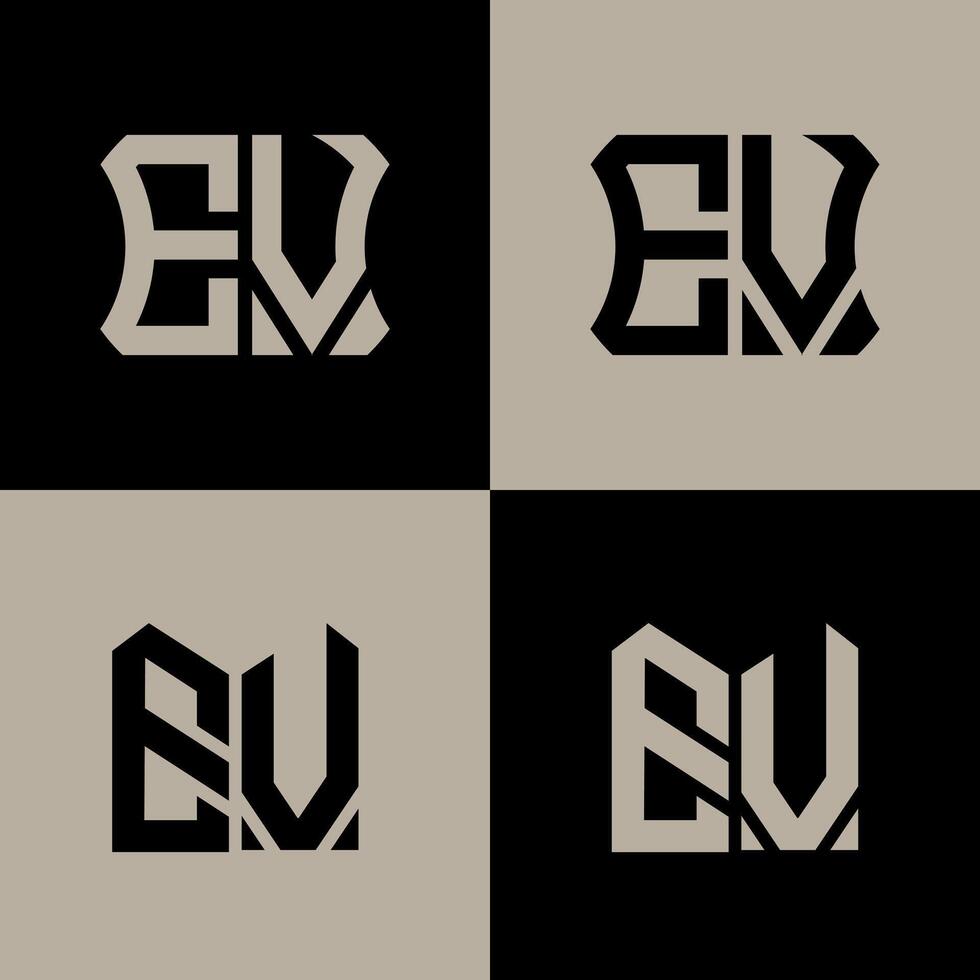 EV polygon, circle, hexagon, flat and simple letter logo set in one artboard. EV minimalist and classic logo. vector