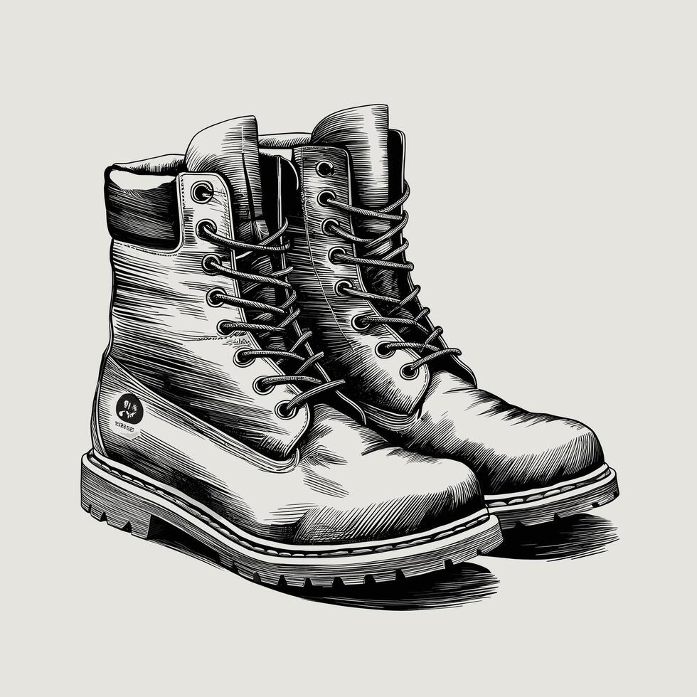 boots engraved style ink sketch drawing black and white illustration vector