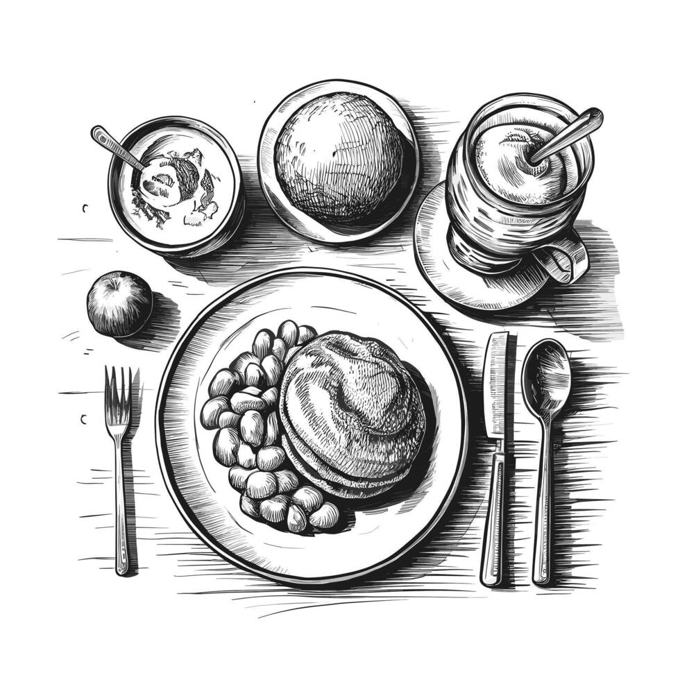 A drawing of a plate with food and a cup of coffee vector