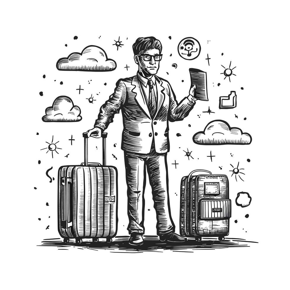 A man in a suit holding a suitcase and a passport vector