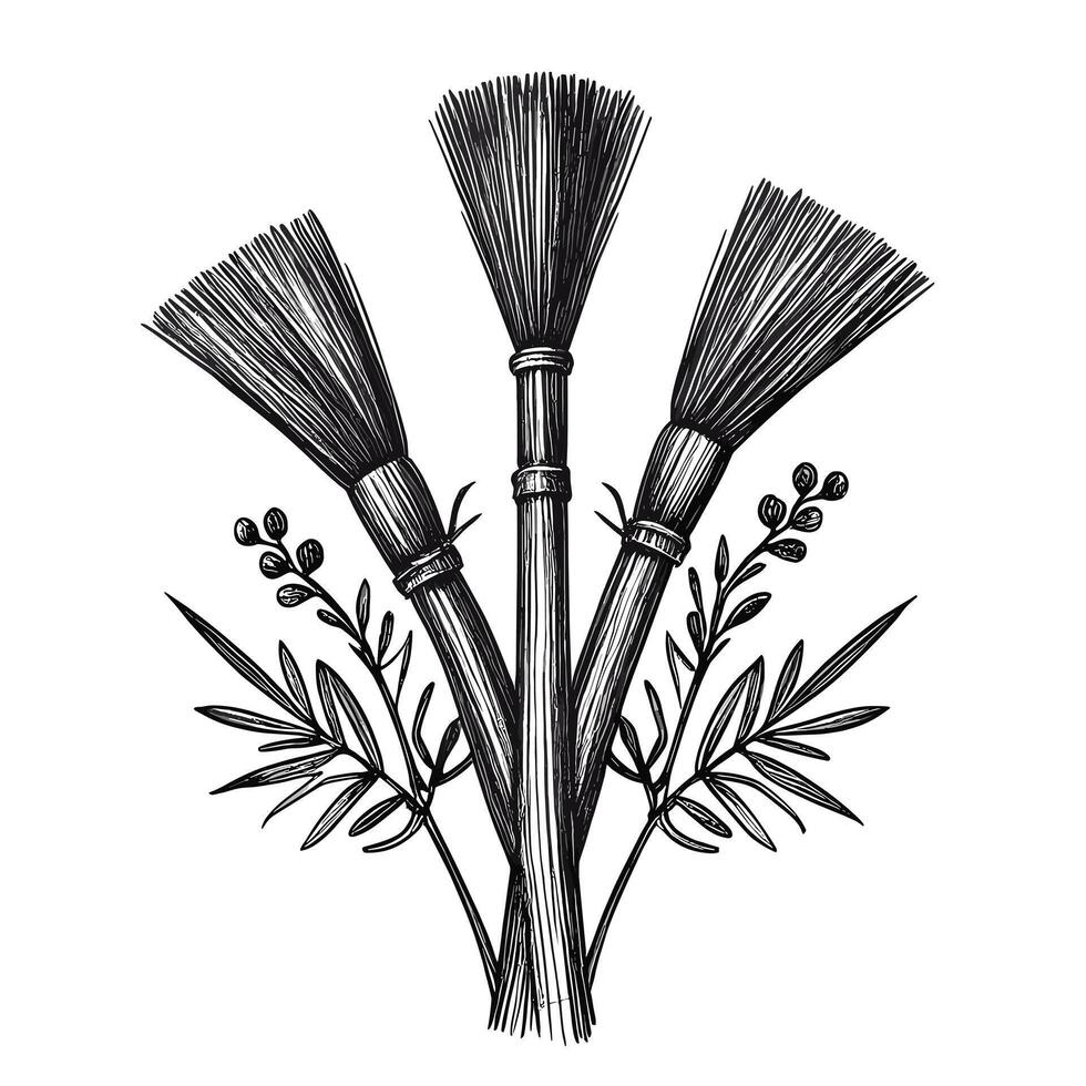 A drawing of three brushes and leaves vector