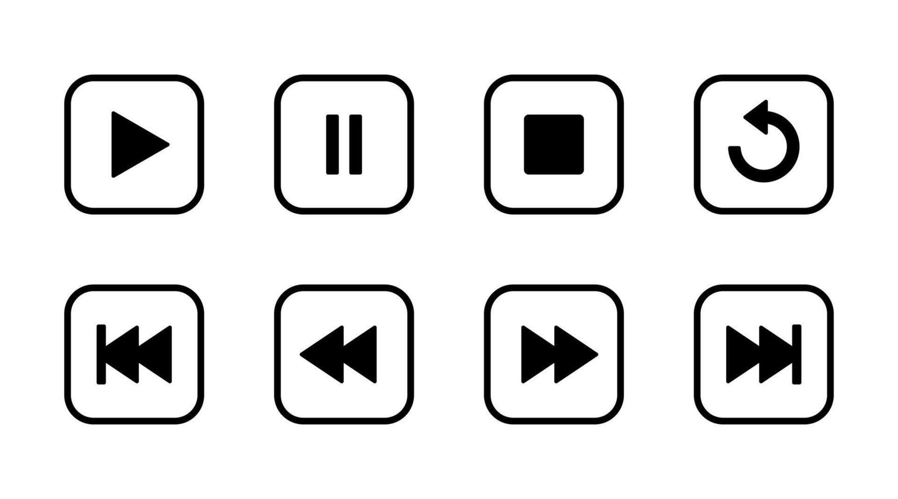 Play, pause, stop, repeat, previous and next button icon on square line vector