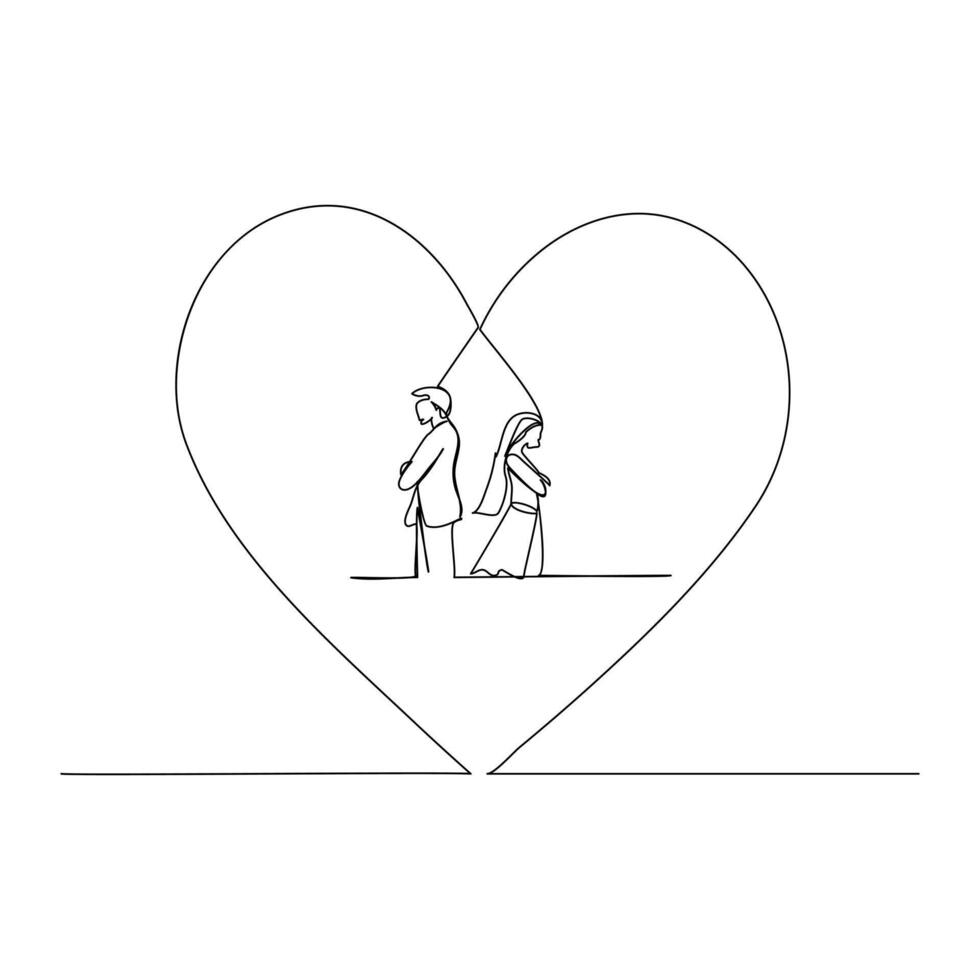 One continuous line drawing of loving couple heart vector