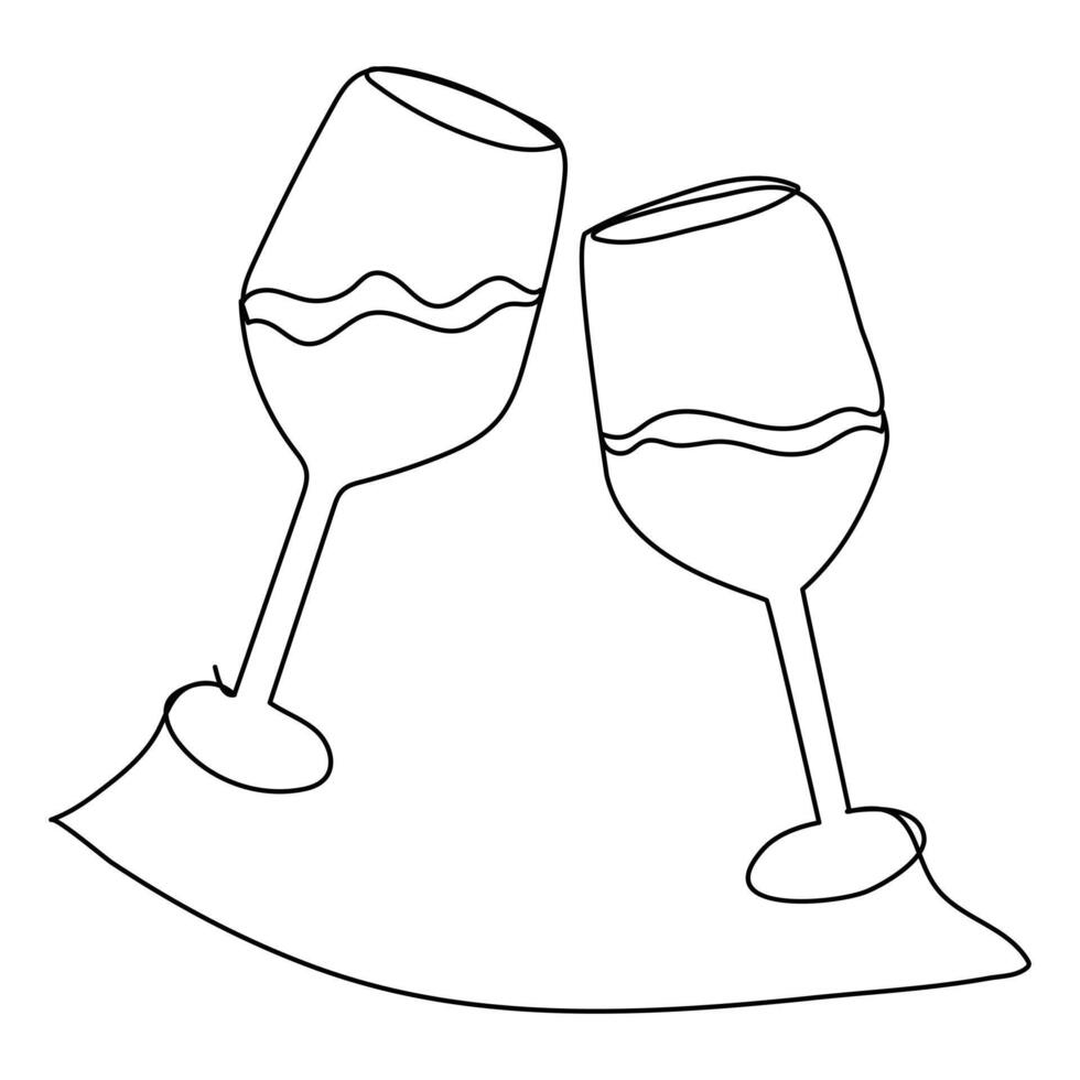 One line champagne toast. Continuous linear couple wine glasses clink. Wedding party cheers. Minimalist new year celebration vector