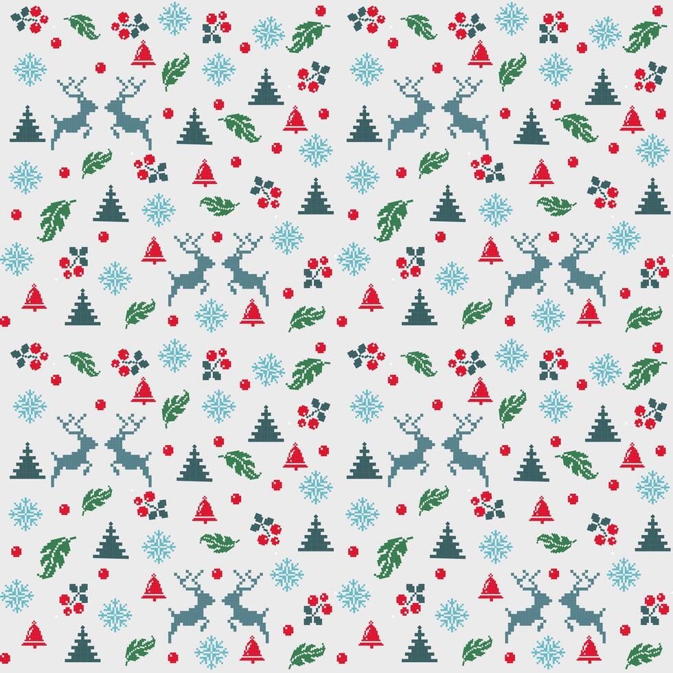 Seamless Pixel Art Festive Winter Holiday Pattern Background with Reindeer, Trees, Berries, and Snowflakes vector