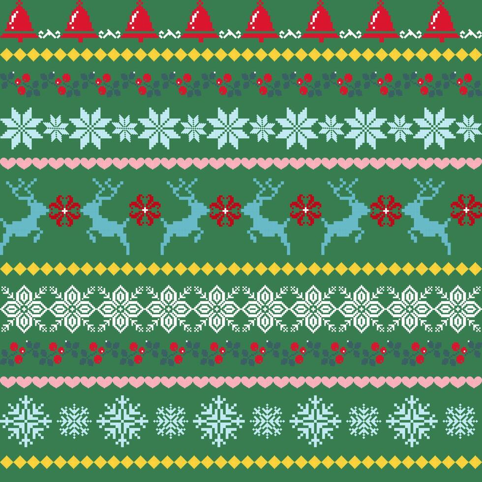 Seamless Pixel Art Christmas-Themed Sweater Pattern Design Featuring Rows of Reindeer, Snowflakes, Stars, Holly Berries, and Santa Hats on a Green Background, with Red, Blue, White, Yellow, and Pink vector