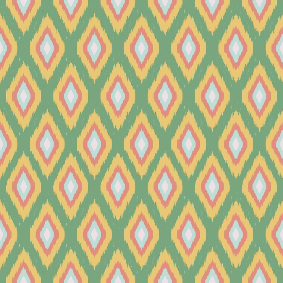 Seamless Pastel Tribal Geometric Pattern with Ikat Motifs in Southwestern Style - Diamond Shapes, Zigzag Lines, Ethnic Boho Design in Soft Green, Mustard, Blush, and Aqua Colors for Textiles vector