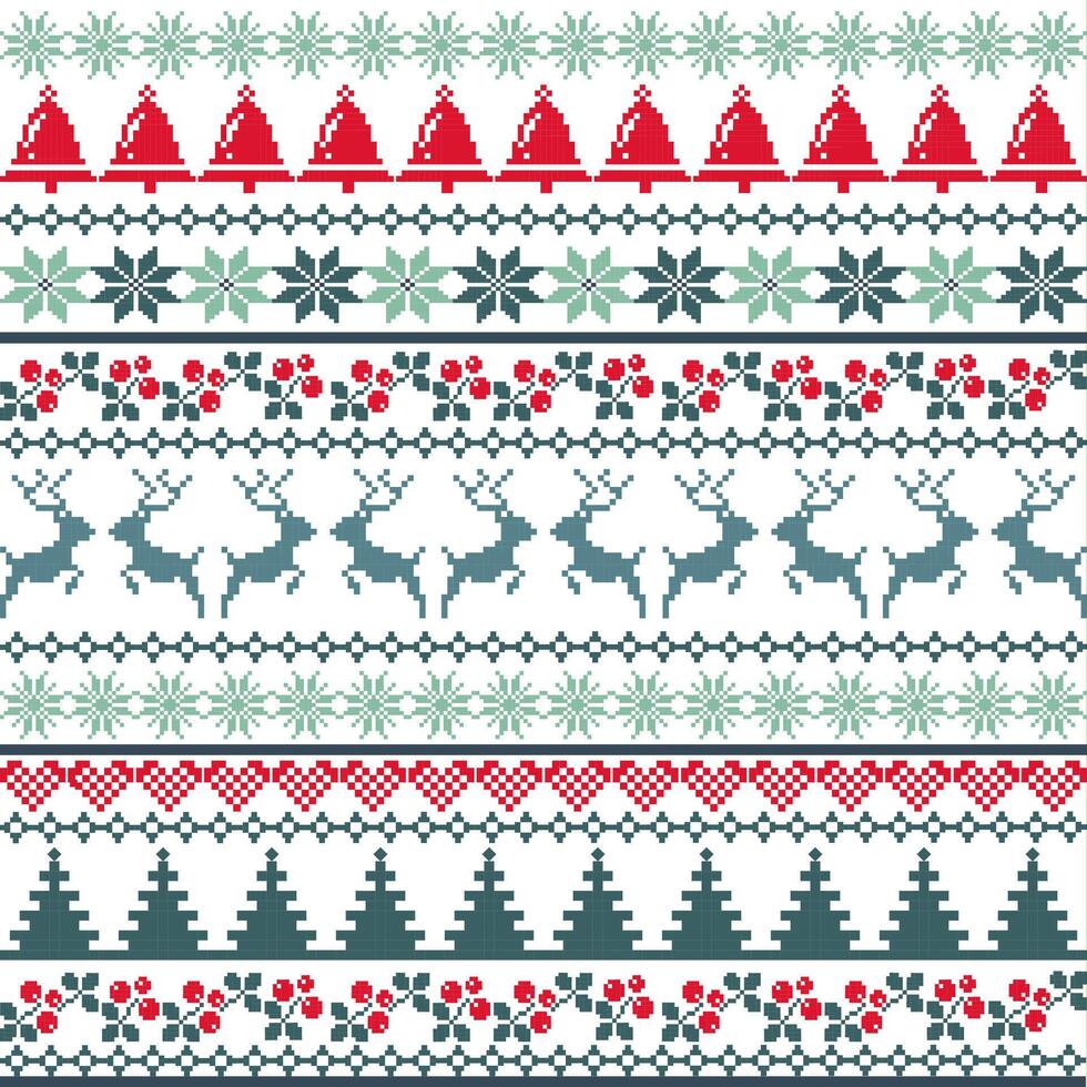 Seamless Pixel Art Classic Nordic Christmas Pattern Background with Reindeer, Trees, Snowflakes, and Berries in Red, Green, and White Colors vector