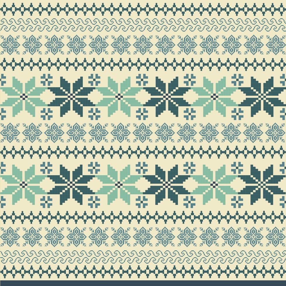 Seamless Pixel Art Scandinavian Winter Knit Pattern with Snowflakes and Geometric Designs in Soft Blue and Green Tones on Beige Background vector