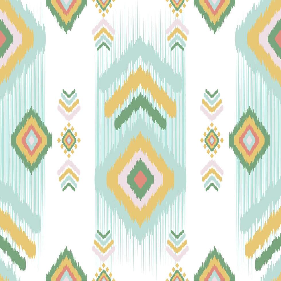 Seamless Pastel Tribal Geometric Pattern with Ikat Motifs in Southwestern Style - Diamond Shapes, Zigzag Lines, Ethnic Boho Design in Soft Green, Mustard, Blush, and Aqua Colors for Textiles vector