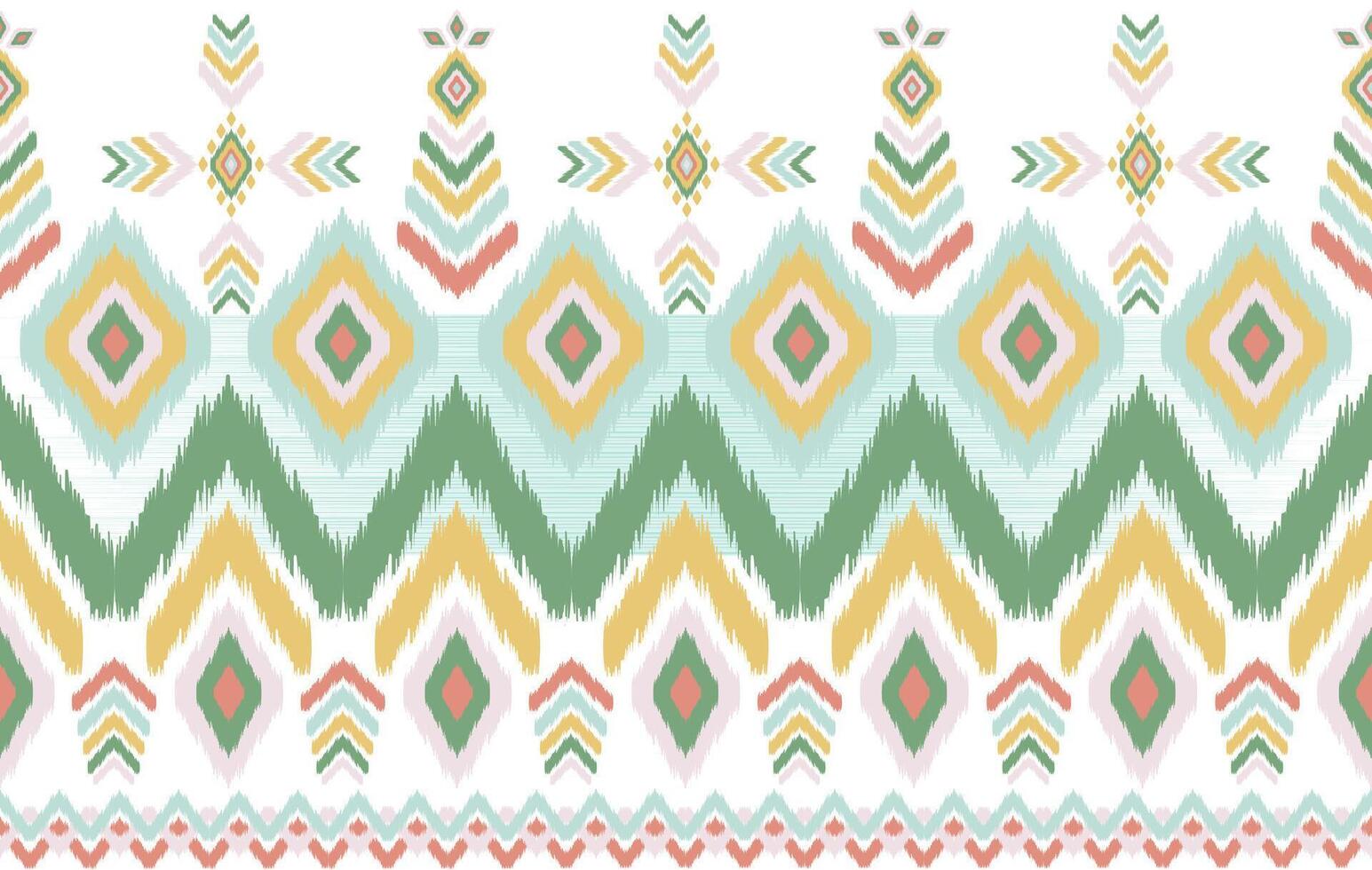 Seamless Pastel Tribal Geometric Pattern with Ikat Motifs in Southwestern Style - Diamond Shapes, Zigzag Lines, Ethnic Boho Design in Soft Green, Mustard, Blush, and Aqua Colors for Textiles vector