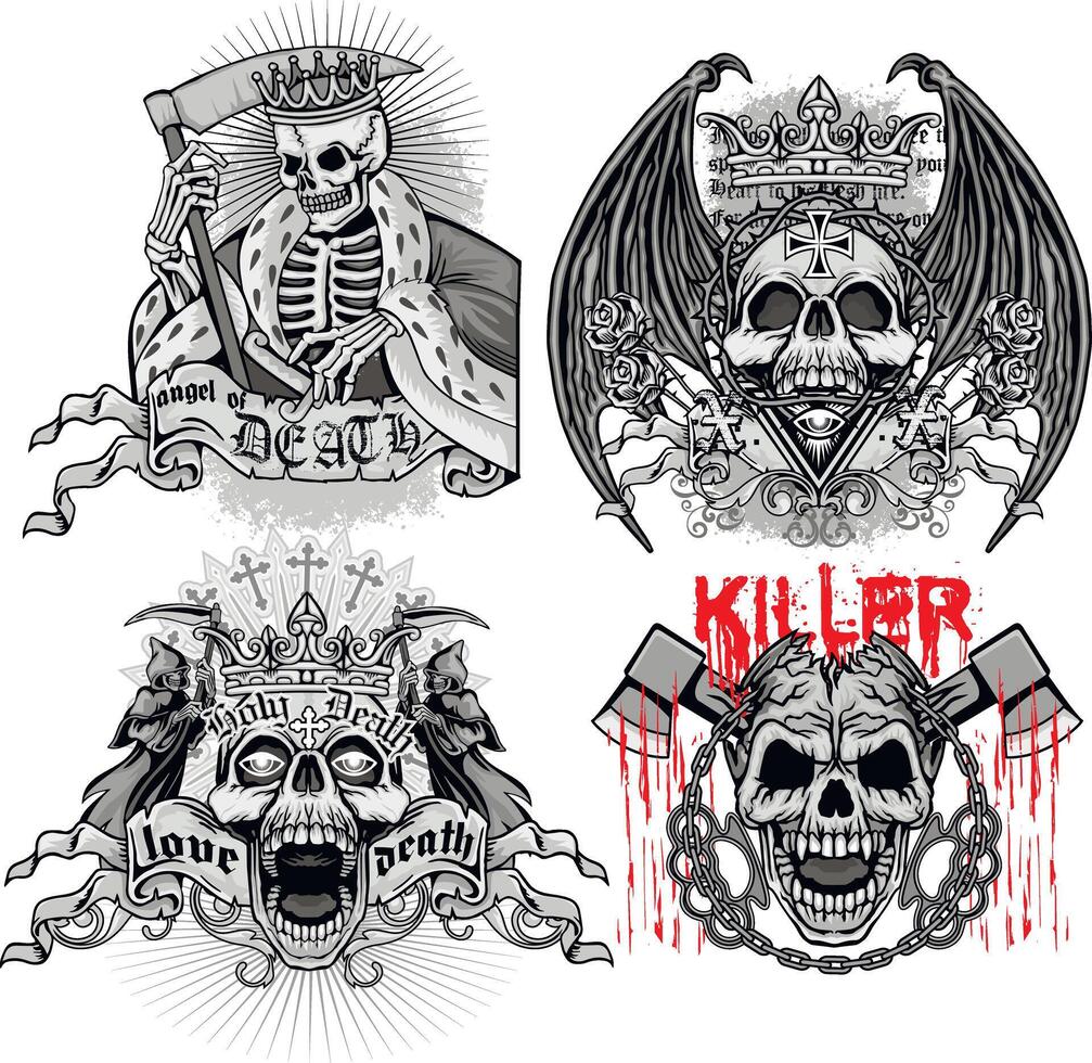 Set, sign with skull, grunge vintage design t shirts vector