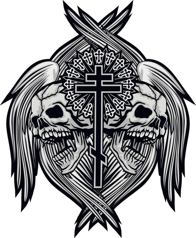 skull wings and orthodox cross, grunge vintage design t shirts vector