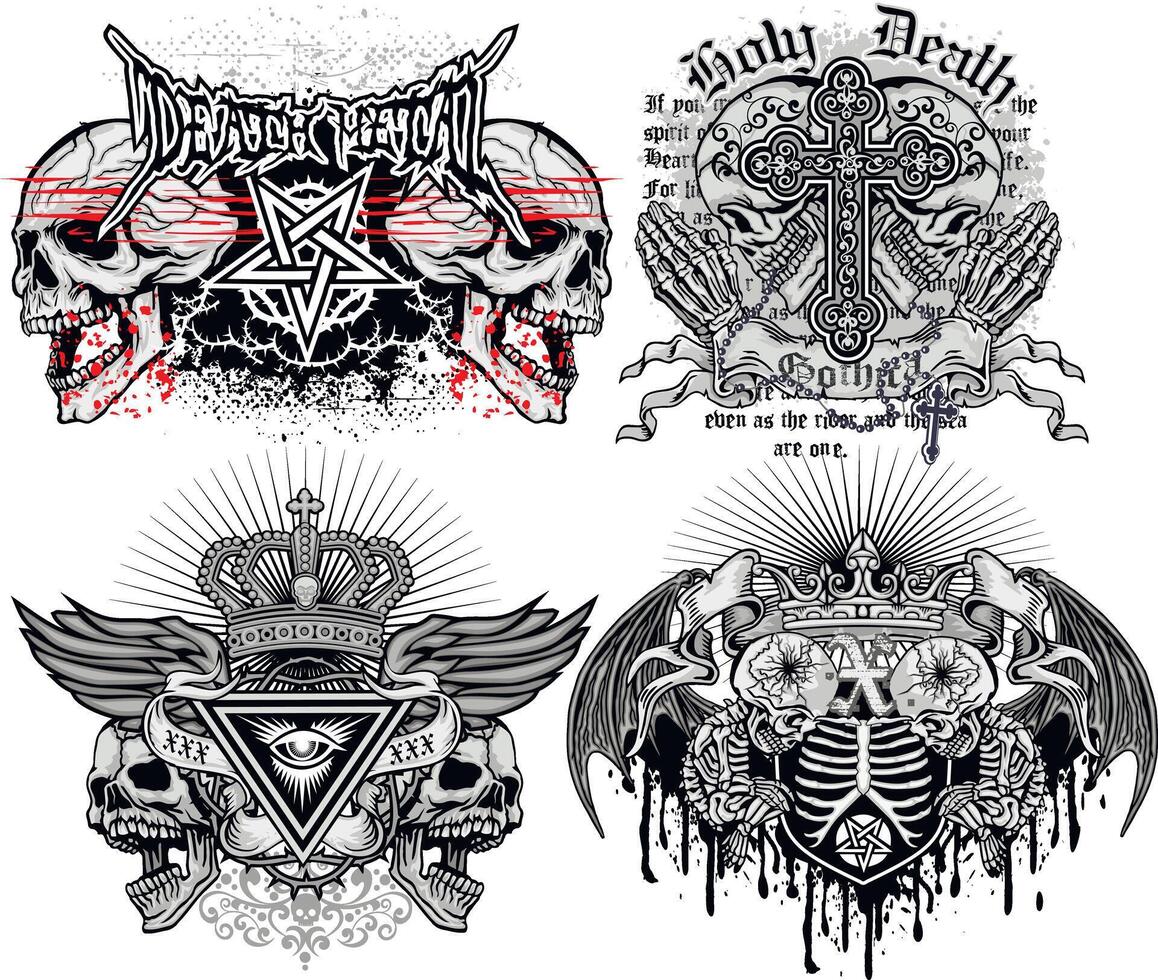 set, gothic skull with religion sign, grunge vintage design t shirts vector